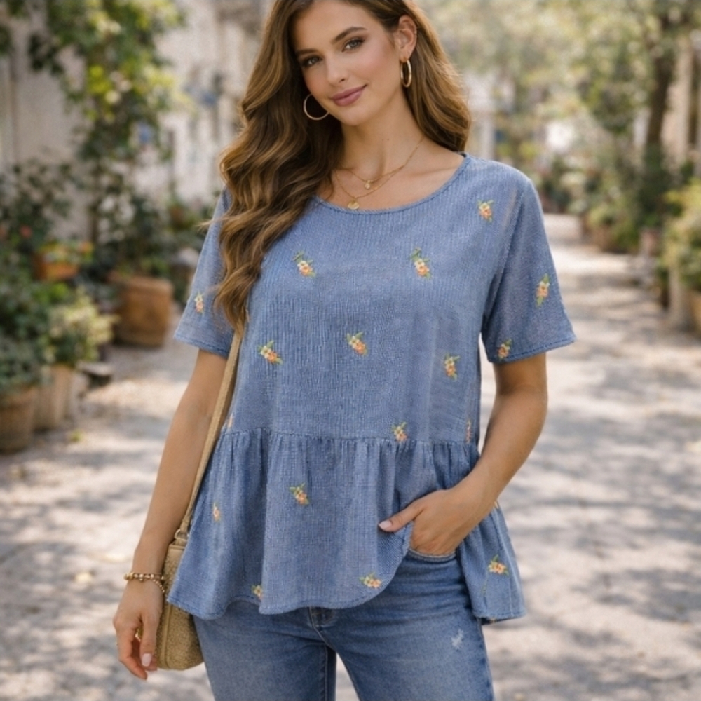 Nwt APRICOT Blue Floral Textured Peplum Top Short Sleeve Cottagecore Boho Blouse